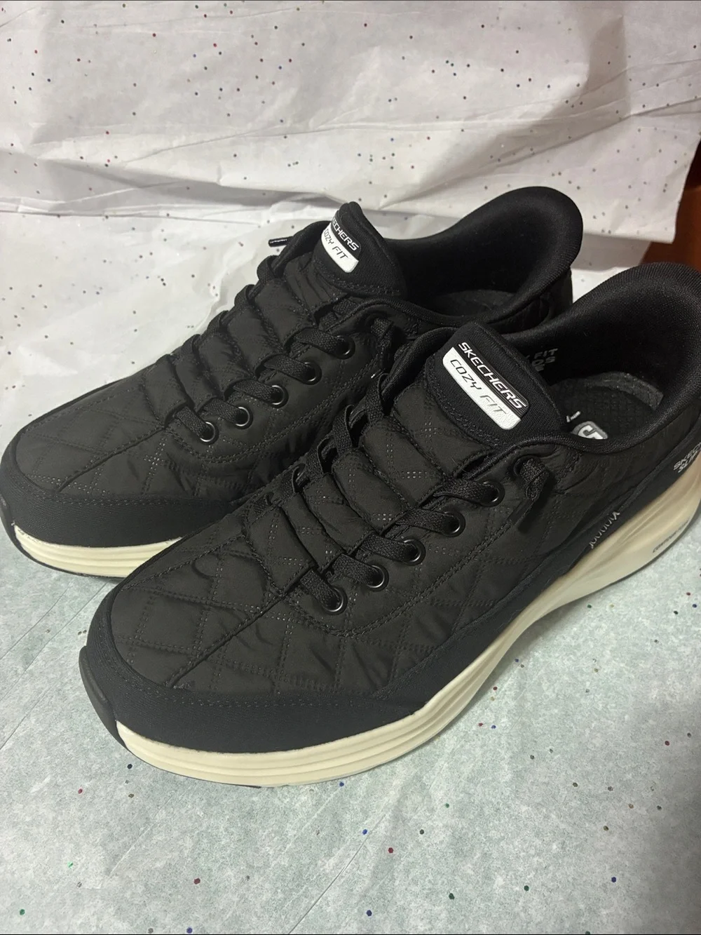 Skechers Black Quilted Lace-Up Sneakers with White Sole